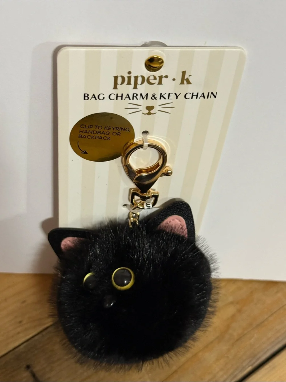 Piper Black Furry Cat Pom Pom Keychain with Gold Clasp